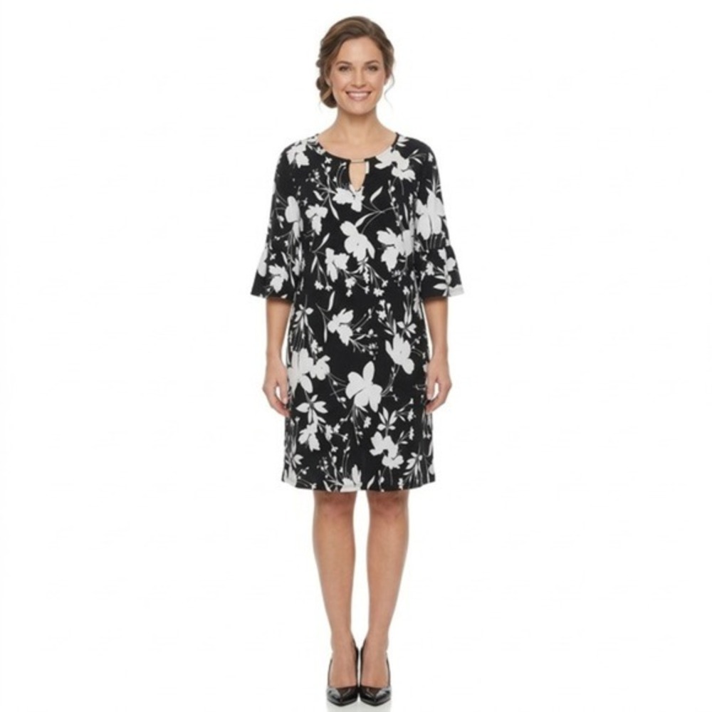 Ruby Rd Womens Black White Floral Bell‎ Sleeve Keyhole Shift Dress 88183 AR